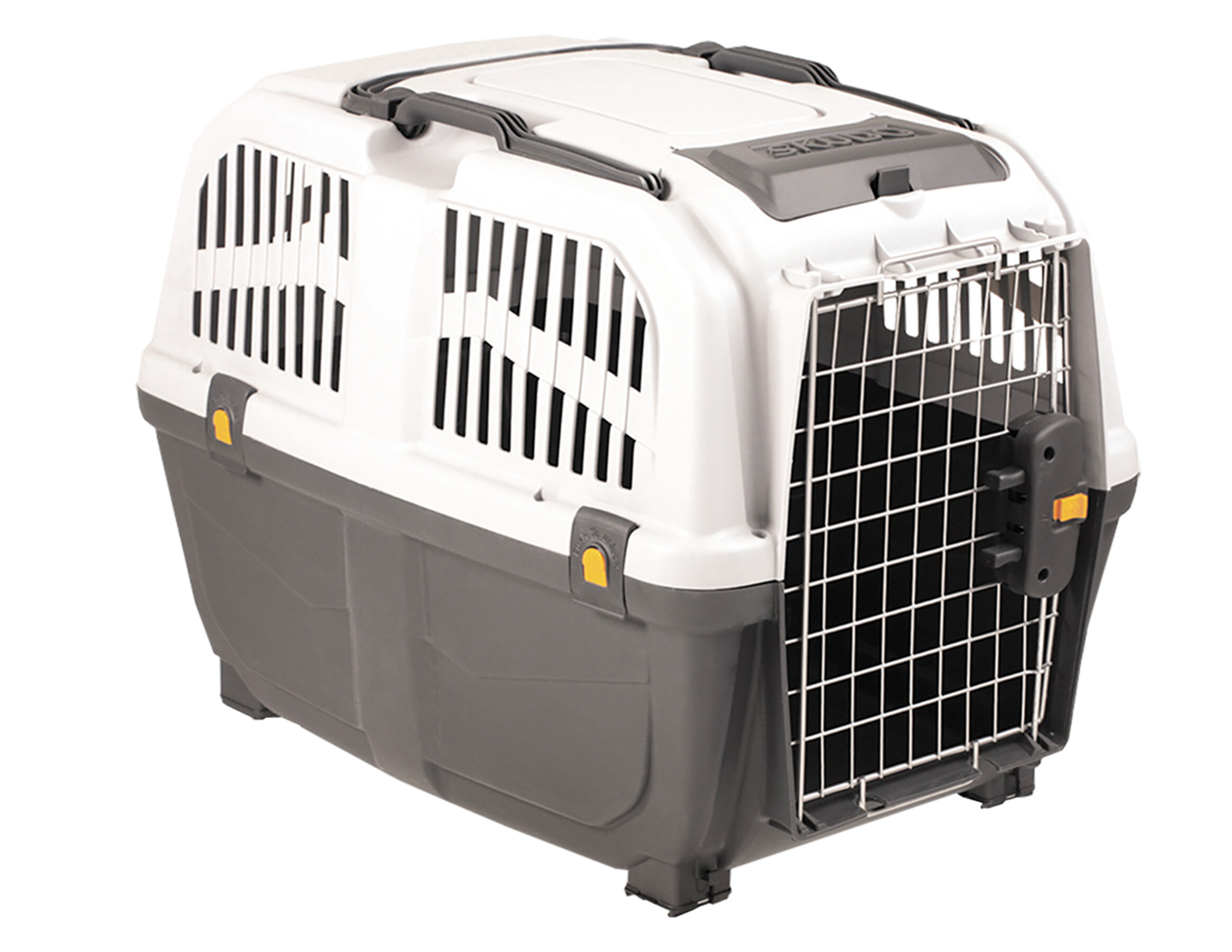 SKUDO 4 IATA Approved Pet Carrier M ($68 \text{ x } 48 \text{ x } 51 \text{ cm} \text{ (H)}$) for flying large dogs up to $30 \text{ kg}$. Features secure metal door, storage pockets.