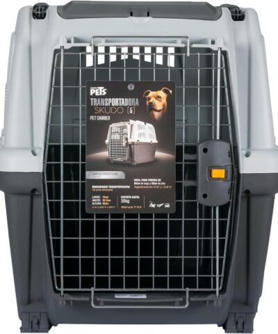 SKUDO 5 IATA Approved Pet Carrier L (81x55x58cm) for flying large dogs up to 35 kg from Dubai. Features secure metal door, storage pocket.
