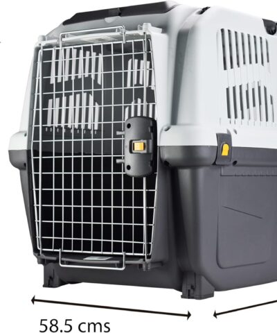 SKUDO 5 IATA Approved Pet Carrier L (81x55x58cm) for flying large dogs up to 35 kg from Dubai. Features secure metal door, storage pocket.