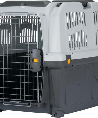 SKUDO 5 IATA Approved Pet Carrier L (81x55x58cm) for flying large dogs up to 35 kg from Dubai. Features secure metal door, storage pocket.