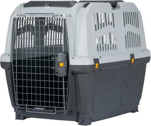 SKUDO 5 IATA Approved Pet Carrier L (81x55x58cm) for flying large dogs up to 35 kg from Dubai. Features secure metal door, storage pocket.
